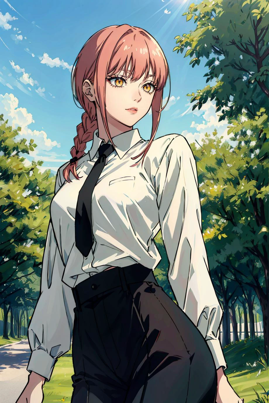 (masterpiece), (best quality), (official art, extremely detailed CG unity 8k wallpaper), (highly detailed), ((absurdres)), sfw, makima \(chainsaw man\), from the front, bust shot, slender, slim waist, ivory skin, in the park, sunshine, dog, <lyco:GoodHands-beta2:1.0>, <lora:makima_offset:1>, corneo_makima