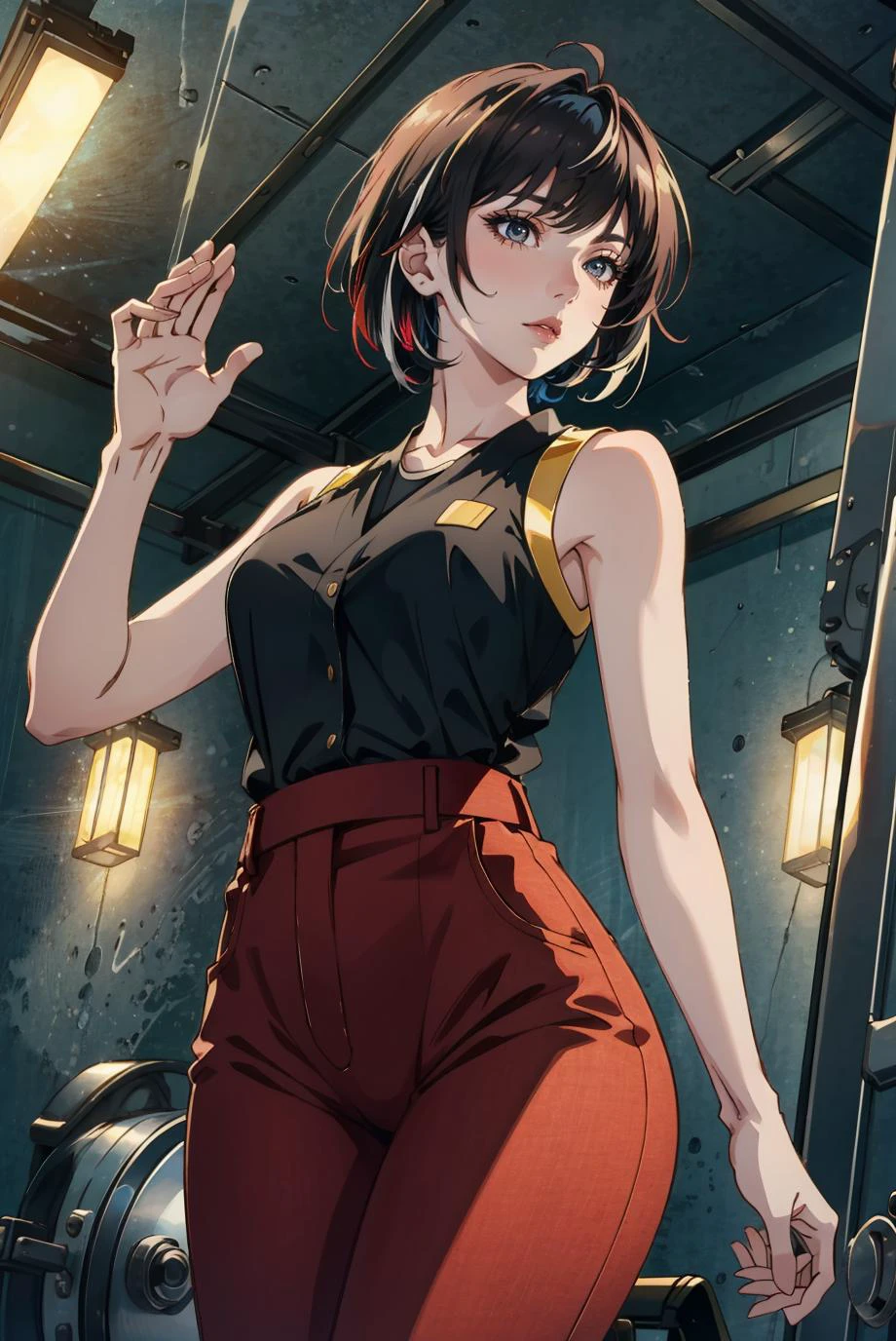 (masterpiece), (best quality), (official art, extremely detailed CG unity 8k wallpaper), (highly detailed), ((absurdres)), beautifully dressed, ((sfw)), ashinano-style, mature female, bad-girl, short hair, (((multicolored hair))), (brown hair:1), (red hair:1.05), long pants, frontview, bust shot, sexy poses in the gym, sharp focus, rim lighting, dimly lit, two tone lighting, dark,<lora:epi_noiseoffset2:1>, (thighs), <lora:badgirl-test-lora-wdvae:0.7>, <lora:lora:0.45>, <lyco:GoodHands-beta2:1.0>