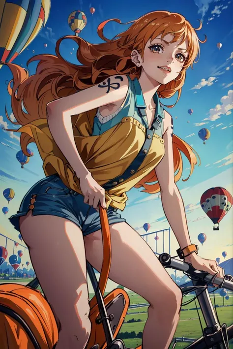 (masterpiece), (best quality), (official art, extremely detailed CG unity 8k wallpaper), (highly detailed), ((absurdres)), namiOP, orange hair, ((sfw)), from the front, smile, happy, feisty, (((riding in a hot-air-balloon))), (wind blows:1.4), sunshine, bird, (thighs), <lyco:GoodHands-beta2:1.0>, <lora:namiOP:1>