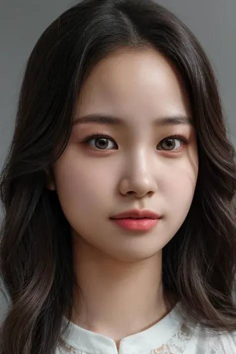 masterpiece, best quality, ultra-detailed, ultra high res, (photorealistic:1.4), raw photo, (realistic:0.2), 8k HDR, realistic lighting, 1girl, solo, looking at viewer, asymmetrical hair, (detailed oily skin), (detailed face), (simple gray background :1.1), (full body:1.2), simple white dress, sleeveless,