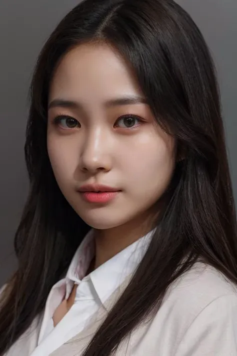 masterpiece, best quality, ultra-detailed, ultra high res, (photorealistic:1.4), raw photo, (realistic:0.2), 8k HDR, realistic lighting, 1girl, solo, looking at viewer, asymmetrical hair, (detailed oily skin), (detailed face), (simple gray background :1.1), (full body:1.2), black suits, white collared shirt,