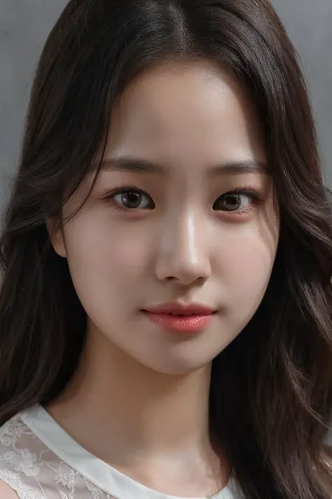 masterpiece, best quality, ultra-detailed, ultra high res, (photorealistic:1.4), raw photo, (realistic:0.2), 8k HDR, realistic lighting, 1girl, solo, looking at viewer, asymmetrical hair, (detailed oily skin), (detailed face), (simple gray background :1.1), (full body:1.2), simple white dress, sleeveless,