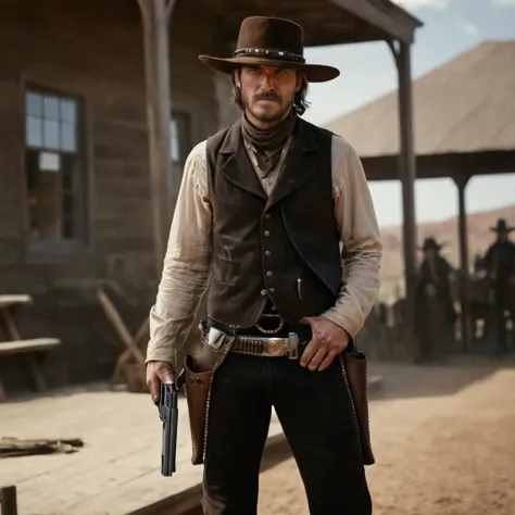 cinematic film still of <lora:Colt revolver handgun:0.8>
a man in a western outfit standing on a wooden platform,solo,1boy,hat,holding,standing,full body,weapon,male focus,boots,outdoors,belt,pants,holding weapon,vest,coat,gun,black headwear,facial hair,holding gun,beard,handgun,realistic,brown pants,cowboy hat,revolver,brown vest,cowboy western , gun, handgun, pistol, revolver, wild west, western, red dead redemption style, Colt Single Action revolver handgun, gunslinger, double gun, The Saint of Killers, akimbo, perfect hand grip, shallow depth of field, vignette, highly detailed, high budget, bokeh, cinemascope, moody, epic, gorgeous, film grain, grainy