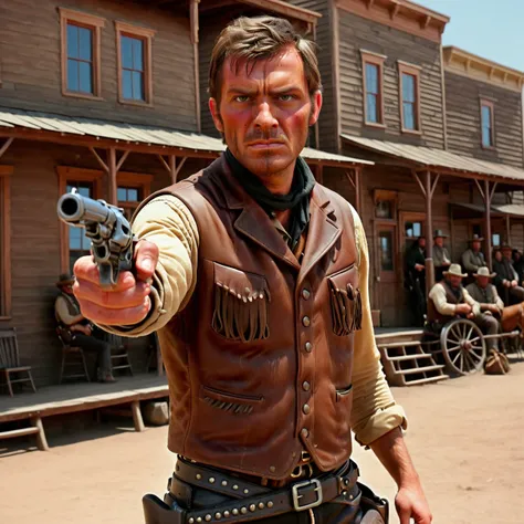 spaghetti-western movie still, Action shot of a cowboy in a western town high noon shootout, (sideburns:1.2), detailed face, fringed leather vest, checked pants, rolled up sleeves, (Colt revolver handgun), TV western scene, horses, tumbleweed, cowboys, spectators, <lora:Red Dead Redemption style:0.3>, Red Dead Redemption style, <lora:Colt revolver handgun:0.6>, 8k, UHD, DSLR, insane details, award-winning photo, film grain, <lora:Spaghetti-western_male_faces:1>, <lora:XL_Weapon_pistol:0.6>, pointing pistol at viewer, strongh bokeh