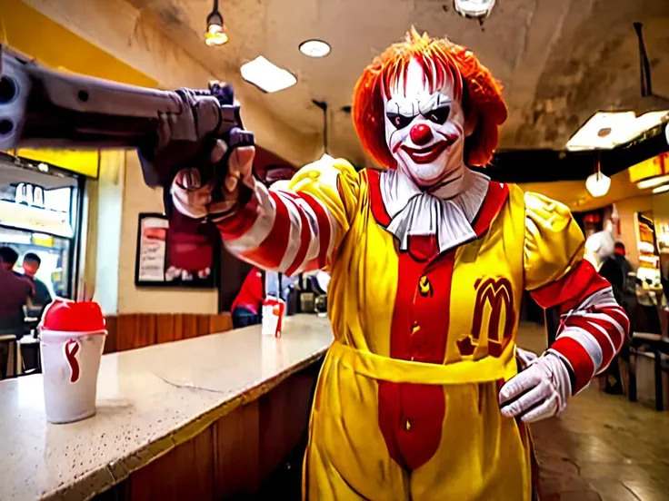 (Ronald Mcdonald:1.6),inside mcdonalds,holding gun,low camera angle,wide angle,harsh underlighting,intense shadows on face,<lora:!action-sdxl-V0.5:1>,zdyna_pose,<lora:add-detail-xl:1.5>,volumetric lighting,depth of depth of field,<lora:Desert Eagle:1>,<lora:EnvyMaximalismXL01:1>,<lora:sdxl_photorealistic_slider_v1-0:2.1>,<lora:PAseer-SDXL-HorribleFace:1.5>,<lora:NicolaSamori:1.5>,<lora:HorrorAI:1>,CosmicHorrorAI,demonmawAI,NightmarishAI, dimly lit, dilapidated, dirty building