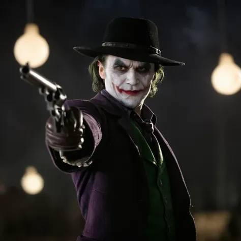 cinematic film still of <lora:Colt revolver handgun:0.8>
a man dressed as the joker holding a gun,solo,looking at viewer,smile,black hair,gloves,1boy,hat,holding,jacket,weapon,male focus,holding weapon,grin,blurry,black eyes,gun,plaid,night,blurry background,holding gun,mustache,clown , gun, handgun, pistol, revolver, wild west, western, red dead redemption style, Colt Single Action revolver handgun, very long barrel gun, large barrel revolver
<lora:Perfect Hands:1>, shallow depth of field, vignette, highly detailed, high budget, bokeh, cinemascope, moody, epic, gorgeous, film grain, grainy