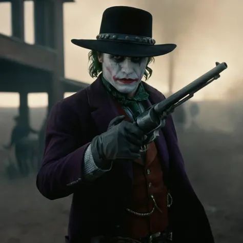 cinematic film still of  <lora:Colt revolver handgun:0.8>
a man dressed as a joker holding a colt gun,solo,gloves,1boy,hat,holding,weapon,male focus,necktie,holding weapon,coat,gun,plaid,bug,ground vehicle,holding gun,motor vehicle,handgun,smoke,car,revolver , gun, handgun, pistol, revolver, wild west, western, red dead redemption style, Colt Single Action revolver handgun, large barrel, long barrel, smoke, high angle from above
 <lora:Perfect Hands:1>, shallow depth of field, vignette, highly detailed, high budget, bokeh, cinemascope, moody, epic, gorgeous, film grain, grainy