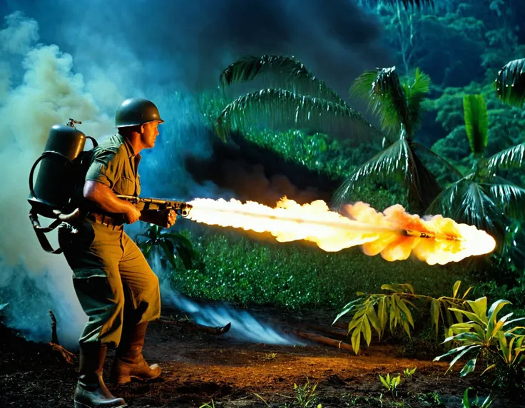 photo, cinematic, film still
full body shot, real, cinematic, tropical pacific island, steve mcqueen army uniform, army boots, helmet, using flamethrower at night <lora:Flamethrower:0.75> flamethrower object <lora:Cinematic ww2 style:0.6> cinematic, ww2, style, flames shooting towards jungle
