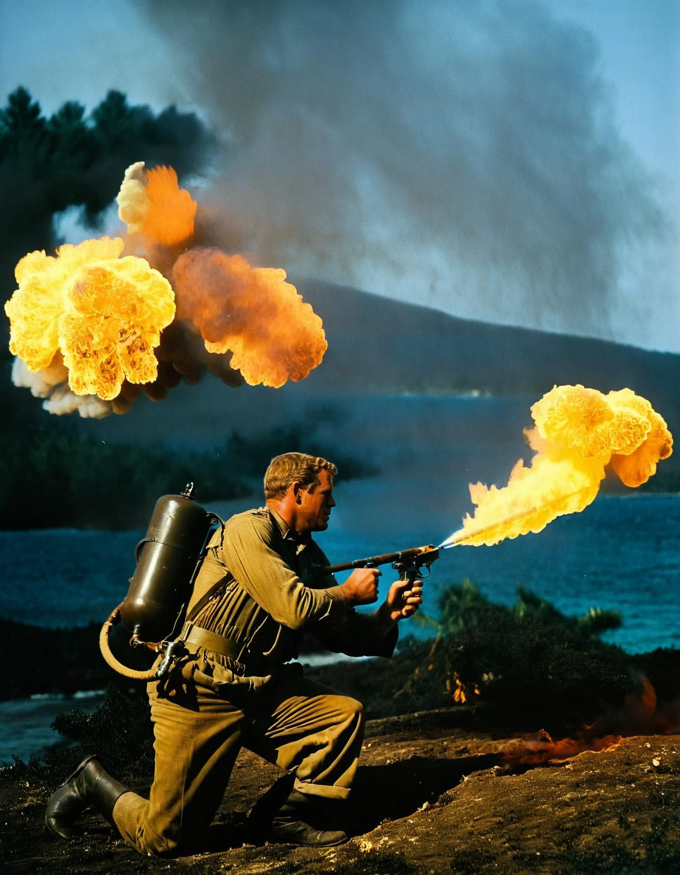 <lora:Flamethrower:1> flamethrower object <lora:Cinematic ww2 style:0.5> cinematic, ww2, style <lora:Cinematic Film:0.5> cinematic, film, style, (steve mcqueen:1.3), as an american GI in world war 2, shoots flames from a flamethrower towards the camera on a pacific island at night, illuminated by the flames, film still for war movie, cigarette