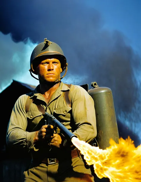 <lora:Flamethrower:1> flamethrower object <lora:Cinematic ww2 style:0.5> , ww2, style <lora:Cinematic Film:0.5> cinematic, film, style, (steve mcqueen:1.3) cowboy shot from low angle, front view, face on, as an american GI in world war 2, shoots flames from a flamethrower towards the camera, on a pacific island (at night:1.2) (dark night) , illuminated by the flames, film still for war movie, cigarette in mouth, tough expression, wearing helmet with netting, dirty uniform, rolled up sleeves,