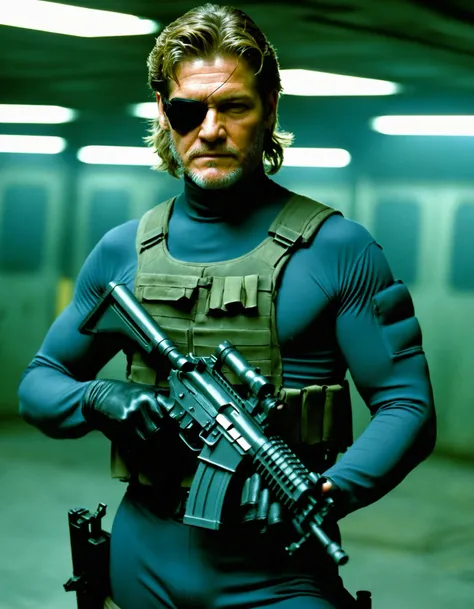 cinematic photo, young kurt_russell, as solid snake, film adaption of video game, metal gear solid, <lora:M16 Rifle series:0.6> m16, rifle, series, gun, (Snake plissken) (solid snake) (metal gear solid), sneaking suit, artic submarine base playstation 2 graphics, underground