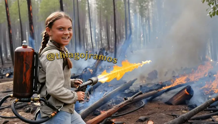 full body, 1girl, Greta, evil smile, twin braids, brown hair, blue eyes, using a Flamethrower on a burning tree, forest ablaze in the background, dressed in casual environmental activist attire, determined expression, chaotic setting, flames and smoke rising from the forest, dramatic and intense atmosphere, <lora:Flamethrower:0.8>, <lora:greta:1>