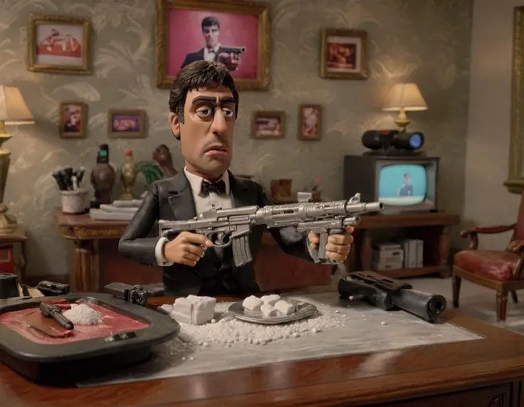 cinematic movie scene
 <lora:add-detail-xl:1> <lora:CLAYMATE_V2.03_:0.85> claymation <lora:Aardman Animations Style:0.85> aardman, animations, style
scene from scarface, al_pacino  with gun in one hand, sits behind a desk in a luxury 1980's miami mansion, surrounded by tv screens, on the table is a silver platter piled high with "sugar" <lora:M16 Rifle series:0.75> m16, rifle, series, gun