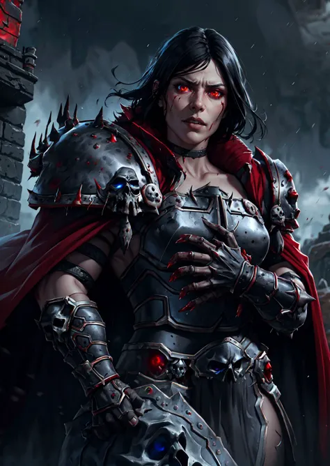 1girl, cowboy shot of wowdk, glowing red eyes, black skull armor, fur trim, pauldrons, torn red cape, short black hair, red fire magic, blood rain, night, citadel, athletic, volumetric lighting, best quality, masterpiece, realistic, <lora:sxz-death-knight:0.8>