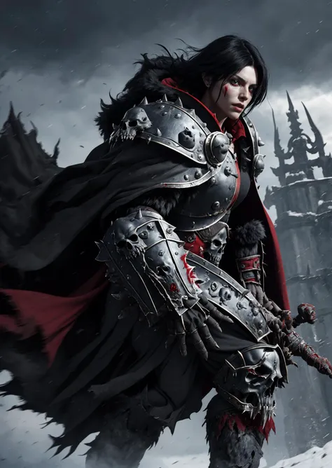 1girl, cowboy shot of wowdk, black skull armor, fur trim, pauldrons, torn red cape, (short black hair:1.2), red fire magic, blood rain, night, citadel, athletic, volumetric lighting, best quality, masterpiece, realistic, <lora:sxz-death-knight:0.8>, <lora:GoodHands-beta2:0.8>, good hands, long windy gray hair, full body
