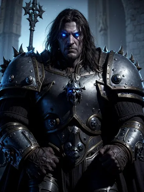 death Knight staying in the middle of the ruined citadel, cinema warcraft shot, detailed normal man face, heavy metal armor, <lora:sxz-death-knight:0.85> wowdk, <lora:add_detail:0.5>