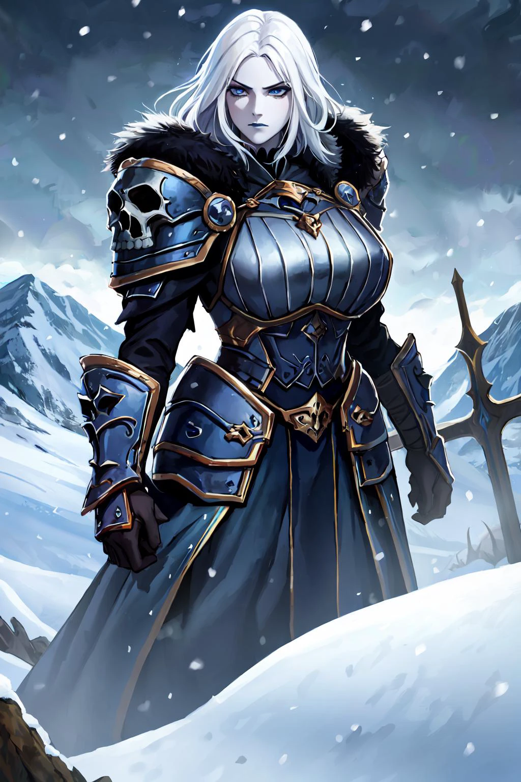 (masterpiece:1.2), (best quality:1.2), perfect eyes, perfect face, volumetric lighting, 1girl, mature female wowdk standing, white hair, blue eyes, very pale skin, black heavy armor, gauntlets, skirt, cloak in the wind, fur, massive pauldrons, skulls symbols, snow, snowstorm, graveyard, fantasy, mountains, ((muted colors, night, darkness)) <lora:sxzDeathKnights_sxzWowDK:0.6>, makeup, black lipstick, eyeshadow, mascara, thick eyelashes, stern expression, emotioneless