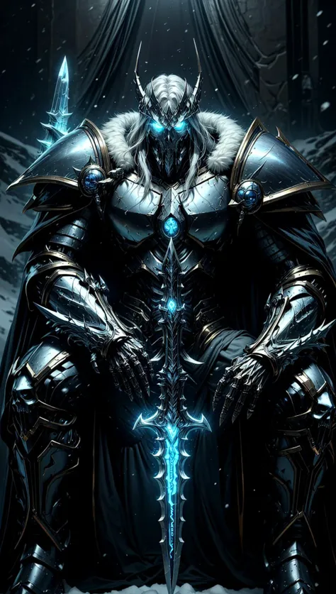 (8k,best quality, masterpiece:1.2),physically-based rendering,tyndall effect,surface reflection,metallic luster,looking at viewer,Eye Level,
<lora:add_detail:1>,((Mecha:1.1)),liche king sitting on the frozen throne, arthas, full body,solo,(glowing),armor,planet,space,moon,wowdk, glowing blue eyes, skull armor, snow, (frostmourne),glowing eyes, skull armor, helmet, fur trim, cape, planted sword, glowing weapon,
<lora:StealthMecha:0.5>, <lora:sxz-death-knight:0.6>