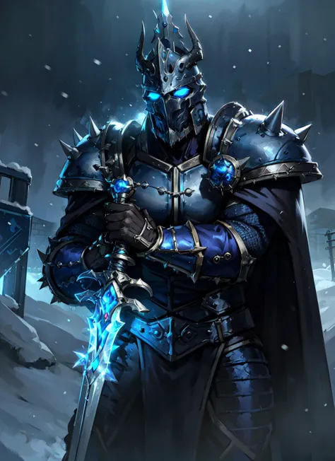 1boy, cowboy shot of wowdk, glowing blue eyes, shoulder armor, pauldrons, spikes, cape, helmet, planted sword, glowing weapon, snow, ice, night, athletic, volumetric lighting, best quality, masterpiece, realistic,  <lora:sxz-death-knight:0.8>