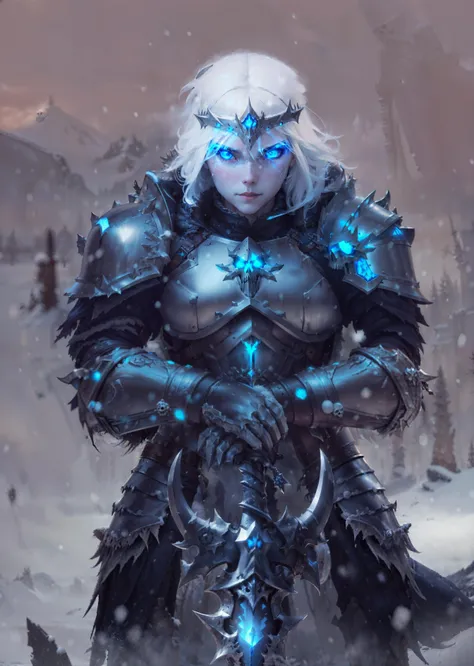 1girl, plate armor, leather, skull armor, enrionment, scenery, snowing, winter, dark theme, white hair, <lyco:nucleardiffv2:0.1>, engrave metal armor, belt, <lora:sxz-death-knight:0.2> wowdk, frostmourne, (sword), glowing eyes, <lora:InsPX2:0.2>