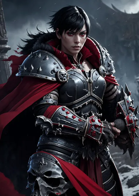 1girl, cowboy shot of wowdk, black skull armor, fur trim, pauldrons, torn red cape, (short black hair:1.2), red fire magic, blood rain, night, citadel, athletic, volumetric lighting, best quality, masterpiece, realistic, <lora:sxz-death-knight:0.8>