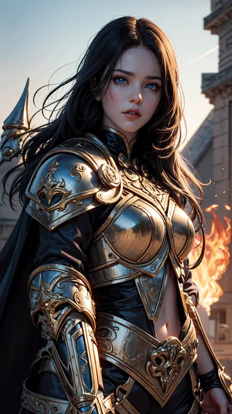 official art, unity 8k wallpaper, ultra detailed, masterpiece, best quality, 1 woman, (extremely detailed), dynamic angle, Mysterious expression, fire sparkle effect, fantasy background, rim lighting, side lighting, cinematic light, ultra high res, 8k uhd, film grain,best shadow, delicate, RAW, light particles, detailed skin texture, detailed armor texture, detailed face, intricate details, ultra detailed, bright, strong, <lora:sxz-death-knight:0.6>, black armor, holding weapon, holding shield, pauldrons, ((brunette hair)), very glowing blue eyes, long black cape, fantasy, (realistic),  <lora:hipoly_3dcg_v7-epoch:0.3>