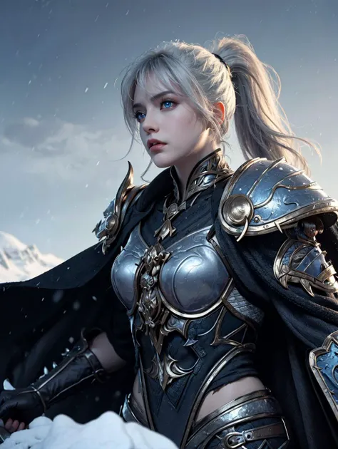 official art, unity 8k wallpaper, ultra detailed, masterpiece, best quality, 1 woman, extremely detailed, dynamic angle, Mysterious expression, snow effect, fantasy background, rim lighting, side lighting, cinematic light, ultra high res, 8k uhd, film grain,best shadow, delicate, RAW, light particles, detailed skin texture, detailed armor texture, detailed face, intricate details, ultra detailed,  <lora:hipoly_3dcg_v7-epoch:0.5>, bright, strong <lora:sxz-death-knight:0.7>, black armor, wowdk, holding weapon, pauldrons, (silver hair), ponytail, long hair, bangs, glowing blue eyes, black cape, fantasy