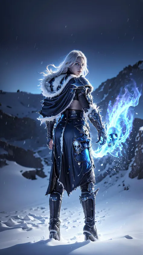 1girl, fit, slim, full body shot of wowdk, (glowing blue eyes), skull armor, full plate armor, fur trim, skull pauldrons, torn cape, medium white hair, blue fire, on fire,(bluefire), holding giant death knight sword, from behind, 
snow, ice, night, citadel,   <lora:sxz-death-knight:0.8>, <lora:AmericanDollLikeness:0.55>,  <lora:on_fire10:0.6>,
(8k, RAW photo, best quality, masterpiece:1.2), (realistic, photo-realistic:1.37), ultra high res, photon mapping, radiosity, physically-based rendering, professional lighting, light on face,