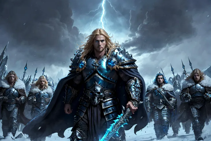 masterpiece, hyper detailed, intricate detail, high-resolution, 8k wallpaper, (((A young man, leading a massive army of humans into battle))) holding 1 blue glowing greatsword, long blonde hair, ((glowing blue eyes)), Messy hair, Handsome face, Stubble, beautiful eyes, Resentful eyes, Squint, eyes focus, (((looking at viewer ))), Stubble, Clench brows, Tall stature, skull armor, Heavy armor, (wide fur cape), Blizzard, snow, On the snowy mountain, mystical sky, detailed cloudscape, outdoors, ((action pose)), particles, volumetric lighting, sharp focus, cinematic lighting, soft colors, high detail, blue lightning in the background
 <lora:sxz-death-knight:0.7>