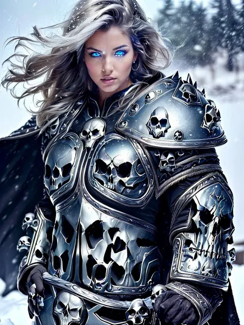 An amazing ((((8k, RAW photo, best quality, masterpiece:1.2), (realistic, photo-realistic:1.37), ultra high res))) ((full body)) photo of (((a woman, grey skin, wowdk, muscled, silver hair, wearing (skull armor, skull pauldrons, cape))), (small waist), (muscled), (large breasts), (visible face), (perfect skin), (perfect face:1.2), (beautiful eyes), (perfect eyes), (beautiful skin), (beautiful face:1.2), (seductive face), sfw:1.3), ((walking on a snowy mountain:1.7, mystical clouds, snowing, snow, combat pose)), (looking at the viewer:1.3), (masterpiece:1.2) (best quality) (detailed) (intricate) (8k) (HDR) (wallpaper) (cinematic lighting) (sharp focus)
<lora:add_detail:0.4>
<lora:sxz-death-knight:1>
<lora:agpt_europeanDollLikeness_v1:0.4>