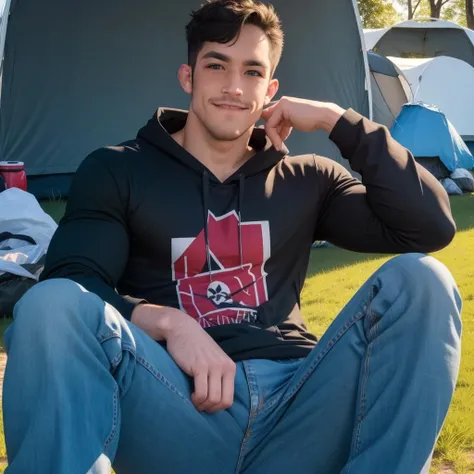 ((masterpiece)), absurd res, perfect face, black hoody, jeans, relaxing around campsite, Matt Finesilver,  smirk, looking at viewer, evening, muscular,  <lora:MFine:0.8>,