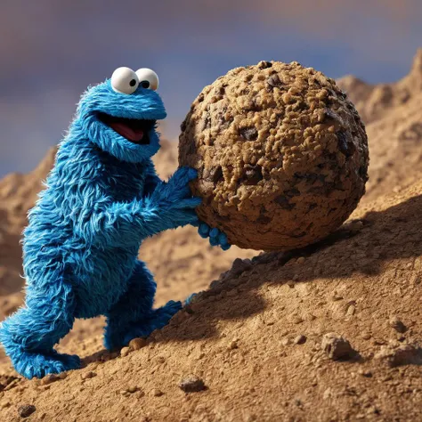 cookie monster sisyphus pushes a cookie up a mountain, photorealistic, RAW photo, depth of field, intricate details, masterpiece, natural textures, fine detailed fur, blue sisyphus pushing cookie uphill, sphs cookie monster pushing his boulder cookie, sisyphustone toiljoy manpushrock cookie sesame street cookie, sesame street cookie monster, blue fur, chocolate chip cookie