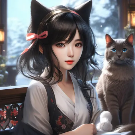 masterpiece, best quality, (1girl), Sam Yang, beautiful detailed eyes, looking at viewer, upper body, black hair, shy, cat ears, very detailed, high resolution, sharp, sharp image, 4k, 8k,