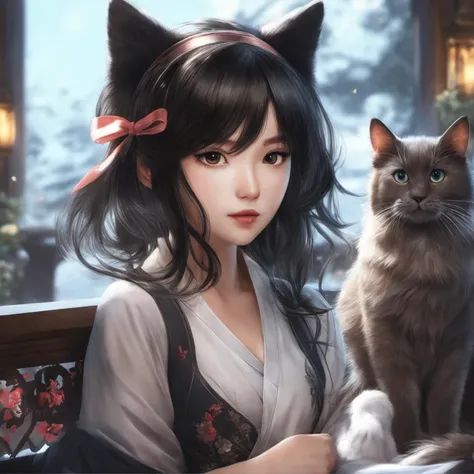masterpiece, best quality, (1girl), Sam Yang, beautiful detailed eyes, looking at viewer, upper body, black hair, shy, cat ears, very detailed, high resolution, sharp, sharp image, 4k, 8k,