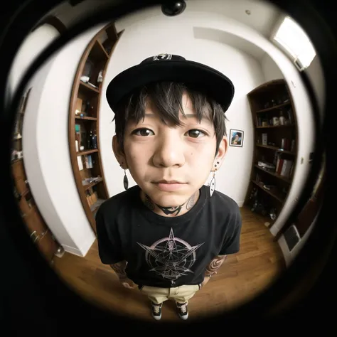 <lora:fisheye2:1>, fisheye,
1boy, earrings, facial mark, hat, jewelry, pale skin, pants, scythe, solo, tattoo, white hair