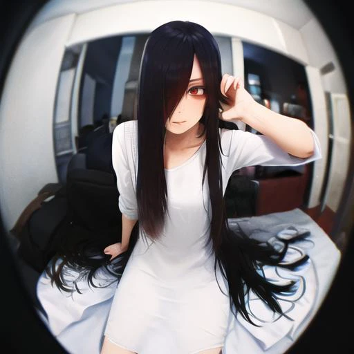 ((masterpiece)),(best quality), absurdres,sadako_yamamura,red eyes, white dress,<lora:Sadakobest:0.9>,  <lora:fisheye_v10:1>,fisheye, looking at viewer, close,