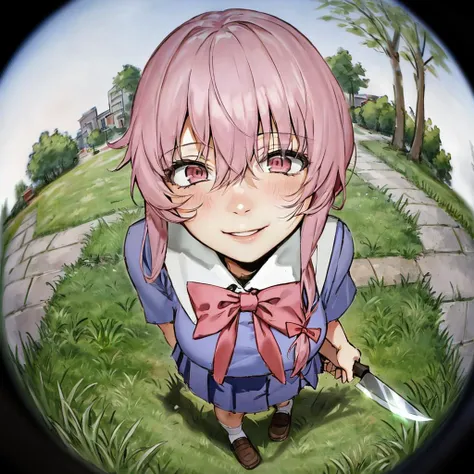 <lora:fisheye2:1>, fisheye, (realistic:0.9), masterpiece, 4k, (high detailed:0.9), (perfect face:0.8), (beautiful eyes:0.5),1girl, solo, smile, long hair, parted lips, wariza, gasai yuno, school uniform, red bowtie, blue skirt, short sleeves, blue shirt, white socks, loafers, <lora:GasaiYunoV2_2-000009:1>, ((portrait)), pink hair, (((outside, grass, street, ))), pink eyes, crazy smile, from above, holding knife, looking closely at viewer, standing, (((face focus))), gasai_yuno,