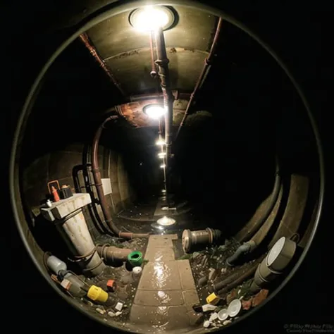 <lora:fisheye2:1>, fisheye,
Sewer System: The camera shows the underground sewer system, with murky water and rusted pipes. The only light comes from the occasional flickering bulb, and strange movements and sounds can be seen and heard in the darkness.