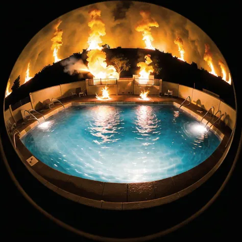 <lora:fisheye2:1>, fisheye, 

 The Pool of Fire: The camera shows a pool that seems to be made entirely of flames, with the water shimmering with intense heat. The air is filled with the sound of roaring infernos and the distant screams of the damned. Strange, fiery shapes can be seen moving in the depths below.