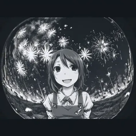 <lora:fisheye2:1.1>, (fisheye:1.1),
<lora:ham_rifl:0.8>, monochrome, oekaki, above waist portrait beautiful cute anime young woman, Fiery firework ignites black background, sending flickering aesthetic firefly ashes towards viewer, happy smile