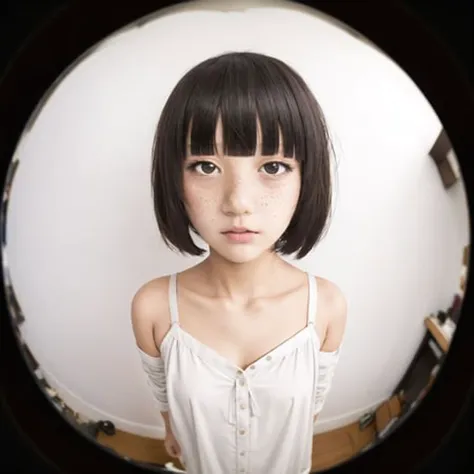 <lora:fisheye2:1>, fisheye,
solo, 1girl, masterpiece, best quality, black hair, (white camisole), brown eyes, bob cut, blunt bangs, brown eyes, blush, black hair, steaming, (freckles:0.8), collarbone, exposed shoulders, small breasts, empty background, white background, :o, confused, (?)