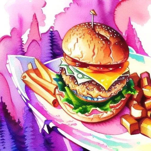 crl_fd6 style, ((watercolor)) centered, isometric, chicken burger, french fries at side, concept art, smooth, sharp focus, illustration, trending on artstation, trending on deviantart, paint splatter, intricate details. Highly detailed, [dripping:0.5] <lora:vividWatercolors_10:1> wtrcolor style,