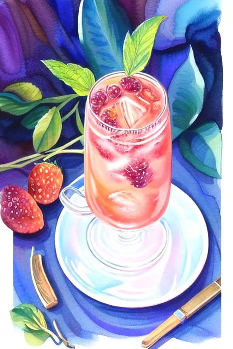 crl_fd6  style, masterpiece, best quality, extremely detailed, detailed background, detailed pastel colors, illustration. watercolor, paint splatter, from side, transparent glass with soda, restaurant, gouache, multicolored background,