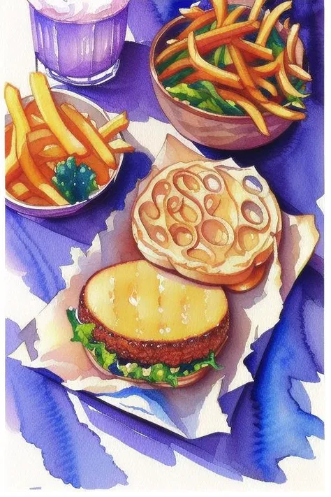 crl_fd6 style, <lora:vividWatercolors_10:0.5> wtrcolor style, ((watercolor)) centered, isometric, chicken burger, french fries at side, concept art, smooth, sharp focus, illustration, trending on artstation, trending on deviantart, paint splatter, intricate details. Highly detailed, [dripping:0.5]