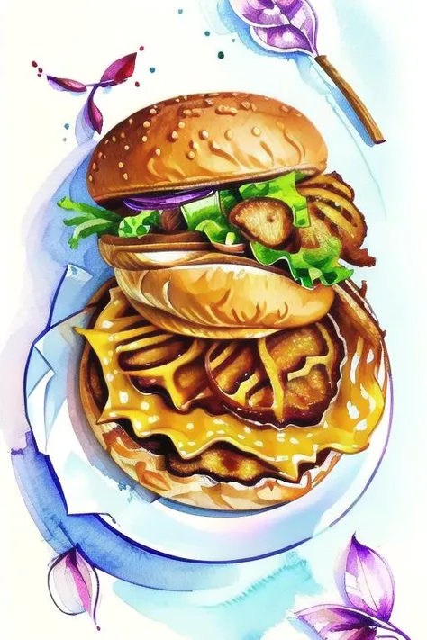 crl_fd6 style, <lora:vividWatercolors_10:0.5> wtrcolor style, ((watercolor)) centered, isometric, chicken burger, french fries at side, concept art, smooth, sharp focus, illustration, trending on artstation, trending on deviantart, paint splatter, intricate details. Highly detailed, [dripping:0.5]  <lora:FoodPhotography:0.5> Food Photography