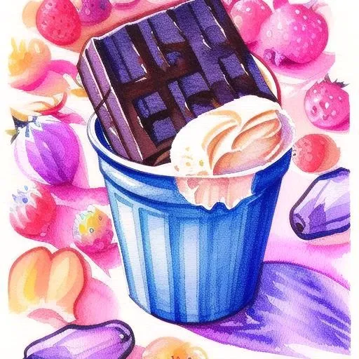 crl_fd6 style, ((watercolor)) symmetrical, centered, pastel colors, ice cream cup, dripping chocolate from sides, vanilla, fruits at side, fruit at top, flowers, petals, concept art, paint splatter, intricate details. Highly detailed, [dripping:0.5], Trending on artstation, Dunch,