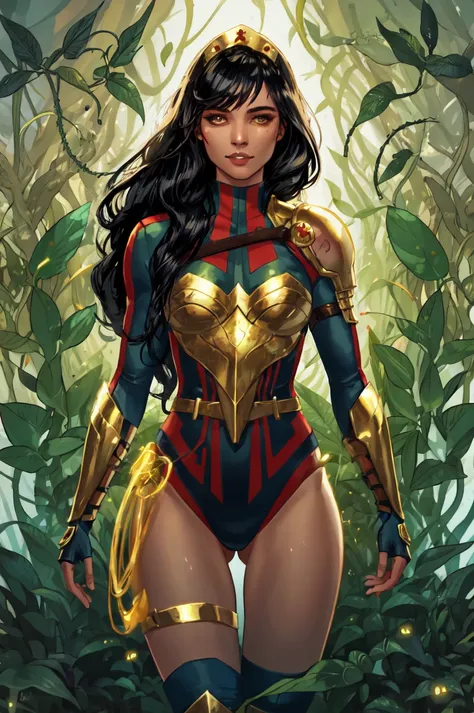 <lora:Yara_Flor:0.7>Yara_Flor, 1girl, solo, long hair, black hair, gloves, fingerless gloves, armor, leotard, glowing, plant, vines