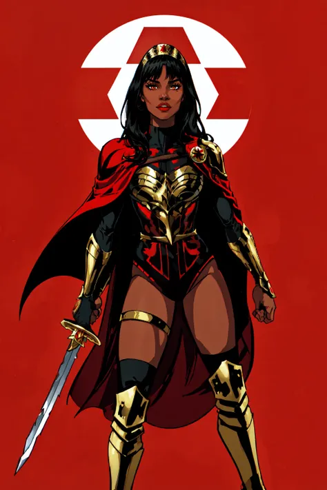 Yara_Flor, 1girl, solo, long hair, looking at viewer, simple background, black hair, thighhighs, holding, weapon, boots, sword, dark skin, cape, holding weapon, armor, leotard, dark-skinned female, lips, holding sword, tiara, red background, red cape, <lora:Yara_Flor:0.7>