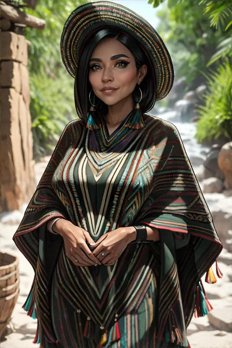 <lora:poncho:0.5> woman wearing poncho, flirting with camera, masterpiece, 8k, high resolution, shallow depth of field, sharp focus