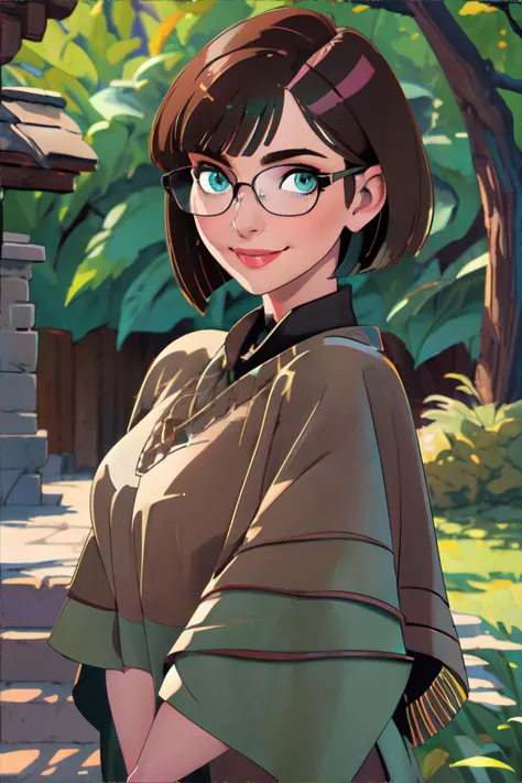 <lora:bzl_06:0.7> bzl_test, <lora:poncho:0.5> woman wearing poncho, glasses, (blue|green|grey) eyes, brown bob haircut, (smile:0.4), masterpiece, 8k, high resolution, shallow depth of field, sharp focus